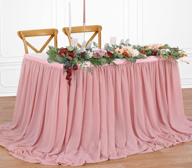 QueenDream Dusty Rose 6ft Table Skirt for Rectangle Tables or Round Tables Sheer Tablecloth for Baby Girl Birthday Princess Party Wedding Table Decor - Image 1